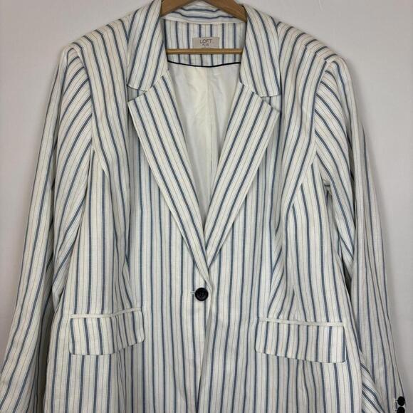 LOFT Plus Linen Blend Blue and White Vertical Nautical Striped Blazer Size: 24 - Picture 3 of 7